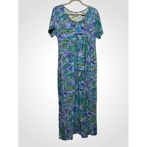 VTG 90s Line Two Fish Pattern Short Sleeve Maxi Dress Women XL Macau Rayon/Linen